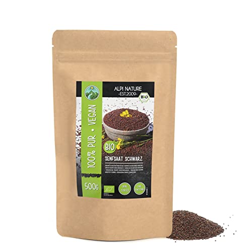 Semillas de mostaza orgánicas enteras negras marrones (500g), semillas de mostaza orgánicas negras, semillas de mostaza enteramente de cultivo orgánico controlado, 100% natural, sin aditivos