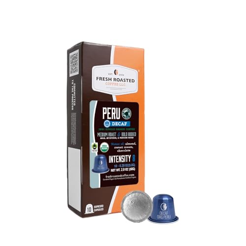 Image of Fresh Roasted Coffee, Peru WP Decaf Espresso Capsules for Nespresso OriginalLine, Medium, USDA Organic, 3rd Party Tested for Mold, Mycotoxin & Pesticides, Kosher, 10 Recyclable Aluminum Capsules