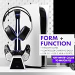 Tilted Nation 2 in 1 Gaming Headset Stand and PS5 Controller Charger Station - for Xbox and PlayStation - 4 Port USB Hub/USB-C/Magnetic Dock - RGB Headset Stand with PS5 Charging Station - White