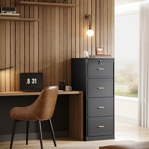 LITTLE TREE 4-Drawer File Cabinet with Lock, Large Vertical Storage Cabinet, Secure Space-Saver for Home Office, Compatible with A4/F4/Letter/Files, Filing Cabinets for Home Office (Black, MDF) by LITTLE TREE - Image 3