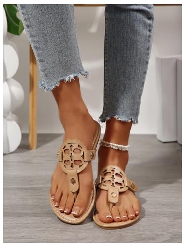 GORGLITTER Women's Leather Flat Flip Flops Sandals Open Toe Cut Out Studded Slide Shoes4