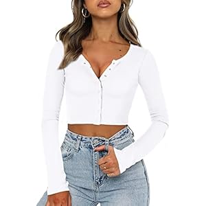FENSACE Womens Button Down Long Sleeve Crop Top Basic Knit Slim Fit T-Shirt XS-XL