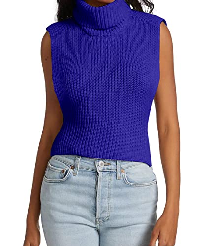 Image of Womens Sleeveless Sweater Vest Turtleneck Ribbed Knit Tank Tops Basic Slim Fit Top
