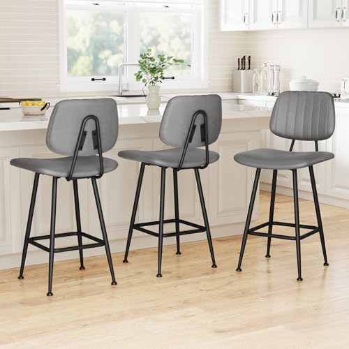 Image of Raynesys 24-Inch Leather Bar Stools Set of 3 with High Backrest, Grey