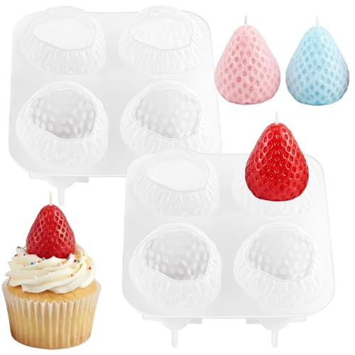 3D Strawberry Chocolate Mold - 4 Cavity Strawberry Silicone Mold, Fruit Mousse Cake Molds, Multipurpose Scented Candle Making Molds for Chocolate, Cake Decor, Ice Cubes, Mousse Desserts