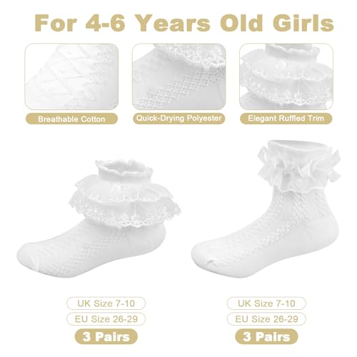 HJJMN 6 Paare Atmungsaktive Mädchen Rüschen Socken, Bequeme Kinder Weiße Knöchel Spitzensöckchen, Prinzessinnen Spitze Rüschen Baumwollsocken, Schulsocken mit Rüschenbesatz für Ballett 4-6 Jahre
