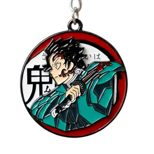Image of Demon Slayer Tanjiro Keychain, Round Metal Anime Keyring, Green Checkered Manga Accessory for Backpacks, Car Keys, Souvenir Gift