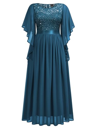Image of Miusol Women's Plus Size Sequin Lace with Ruffle Cape Cloak Sleeves Elegant Evening Gown Wedding Guest Maxi Dress