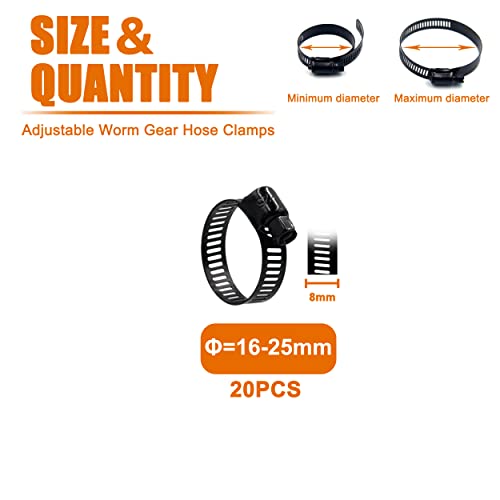 ISPINNER 20pcs Stainless Steel Adjustable 16-25mm Size Range Worm Gear Hose Clamp, Fuel Line Clamp for Plumbing, Automotive and Mechanical Application (Black)