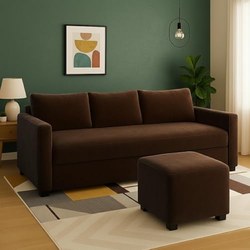 Image of Furny Mavona 3 Seater Fabric Sofa Set (Brown) | Soft Velvet Fabric | Modern Design | Comfortable Seating | Living Room Furniture