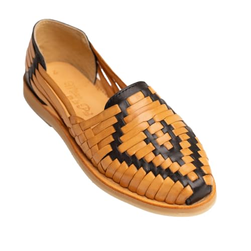Mexico en la Piel Women's Huarache Sandals - Genuine Leather, Handcrafted Slip-On Flats with Two-Tone Interwoven Design, Lightweight, Comfortable