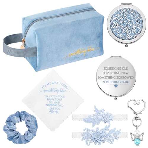 Hanaive Set of 6 Something Blue Wedding Gift for Bride Something Blue Cosmetic Bag Embroidered Handkerchief Bouquet Charm Diamond Compact Mirror Hair Scrunchie Knotted Garters for Bridal Shower party