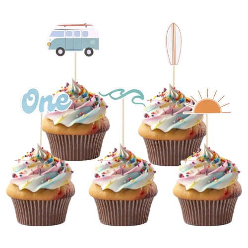 25pcs Wave Surf Cake Topper, 5 Styles The Big One Cupcake Topper