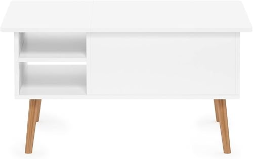 Miniatura 8 de Furinno Jensen - Mesa auxiliar de madera con parte superior elevadora de patas con compartimento oculto y estante lateral abierto para sala de