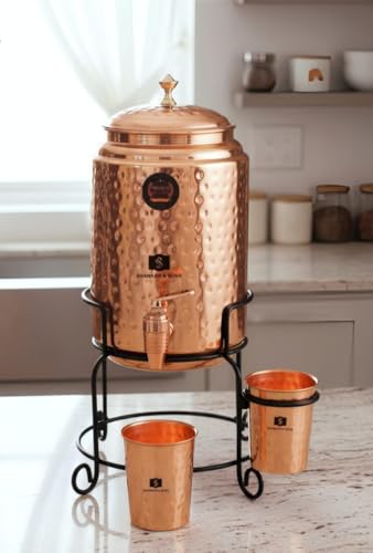 Image of SHANKAR & SONS 5 Litre Copper Water Dispenser Pot with Black Iron Stand and 2 Glasses | Hammered Texture, BPA Free, Non-Toxic with Added Health Benefits Traditional Matka for Drinking Water