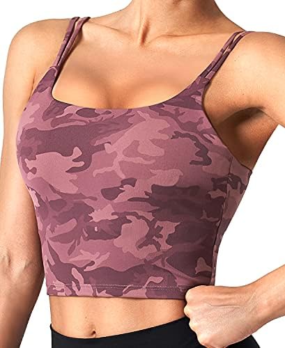 CELER Women's Padded Sports Bra Double Longline Crop Tank Top Fitness Yoga Workout Top, Purple Camo XL