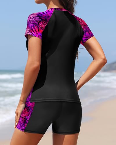 Image of Daci Short Sleeve Rash Guard 2 Piece Swimsuits with Bord Shorts | Sun Protection,Two Pockets,Clolor Block,High Waisted Short,High Neck,Quick Dry