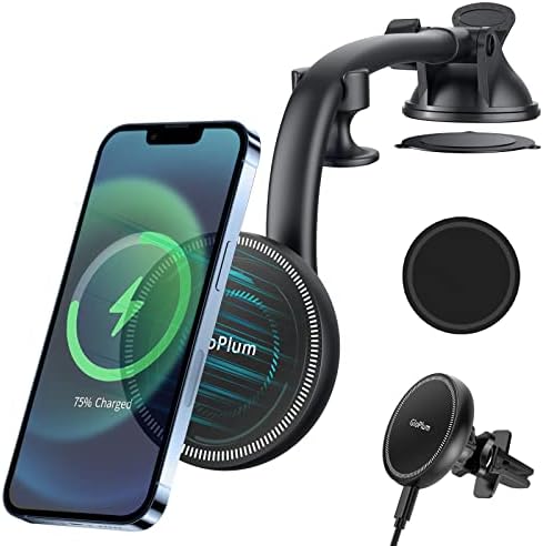 Magnetic Wireless Car Charger Mount Compatible with Magsafe iPhone 13/ iPhone 12, Fast Charging Air Vent Magnet Accessories Air Vent Clip Windshield Dashboard Car Mount Phone Holder（Grey Black）