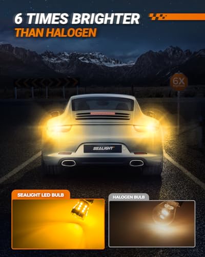 Image of SEALIGHT LED Turn Signal Bulbs 3157 LED Bulb Amber Yellow, 600% Brighter 3156 3057 3157A LED Bulb with Extra Resistor for Front Rear Turn Signal Light, Side Marker Parking Light, 2 Pieces