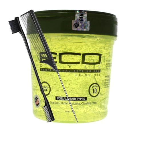 Eco Style Olive Oil Styling Gel 680.4 g mit Schwanzkamm & Kantenbürste - Maximaler Halt | Schließt Feuchtigkeit ein | Verleiht hohen Glanz | pflegt und repariert | fördert Locken