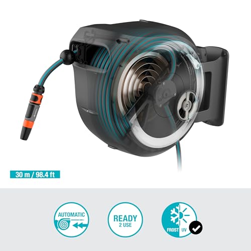Gardena Wand-Schlauchbox RollUp L (weiß) 30 m exklusiv für Amazon: Schwenkbare Schlauchbox, integrierte Schlauchführung, inkl. 30 m Gardena Qualitätsschlauch, Reinigungsspritze und Brause (18627-38)