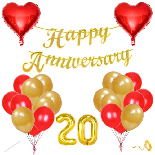 Image of Flyloons 20th Happy Anniversary Decoration Items Red Gold for Men Women Husband Wife Mom Dad Parent Couple Home Bedroom Car With 20 Pcs Metallic Balloons Anniversary Banner 2 Pcs Heart Set Kit