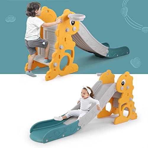 Kids Slide with Basketball Hoop, Foldable Children's Slide Toddler Climbing Freestanding Slider Playset for Indoor/Outdoor Use Slipping Climber Playground Equipment Set Exercise Toy