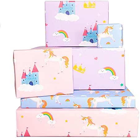 Unicorn Wrapping Paper - (x6) Sheets of Birthday Girl Gift Wrapping Paper - Pink, Purple, Rainbows - for Kids - Baby - Sustainable - Eco Friendly - Christening or Valentines Day - By Central 23