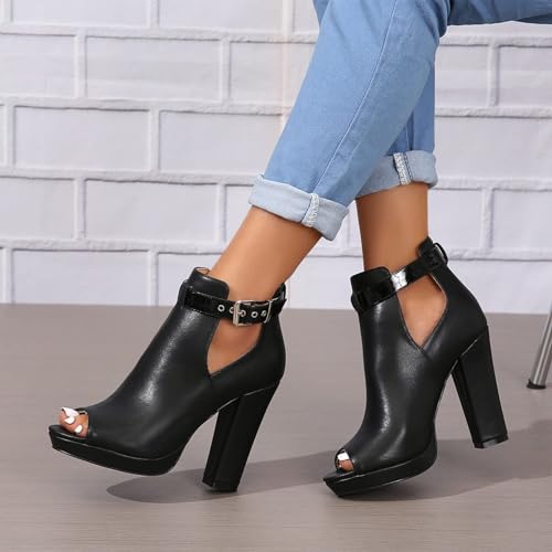 ZDLJYL Women's Open Peep Toe Booties Cutout Side Strap Mid Black Chunky Heel Fashion Ankle Bootie Summer Travel Sandals for Women3