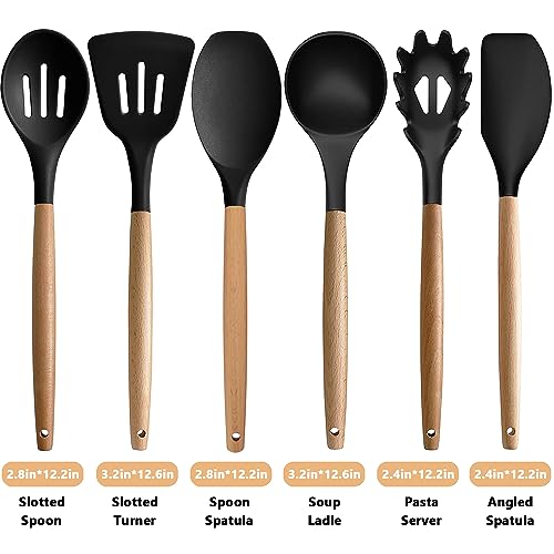 Iocbyhz Silicone Kitchen Utensils Set Of 6, Cooking Utensils Set With Heat Resistant Wooden Handle, Nonstick Silicone Spatula Set, Kitchen Gadgets Utensil Set For Cookware & Baking, Home Kitchen Tools #TOP2