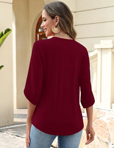 Blingfit Plus Size Blouses for Women Dressy Casual Flowy Bell 3/4 Sleeve Crew Neck Dress Shirts Tummy Red XXL — view 4