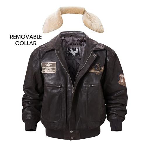 Image of FLAVOR Men's Real Leather Bomber Jacket with Removable Fur Collar Aviator