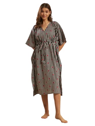 Image of Ravaiyaa Women Printed Cotton V-Neck Knee Length Kaftan Dress Nighty