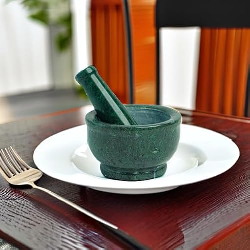 Zig Zag 4 Inch Natural Granite Marble Mortar and Pestle Set Solid Green Stone Marble Grinder for Guacamole, Herbs, Spices, Medicine