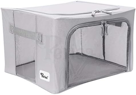 Periea Beau Folding Collapsible Stackable Fabric Home Storage Boxes with Steel Frames (Black & White, Large)