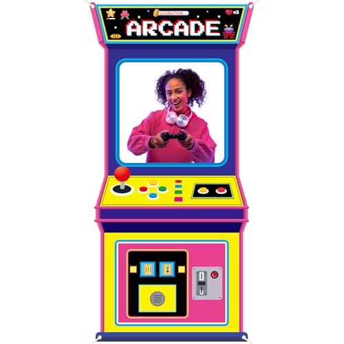 Fabric Large 72.8 x 35.4 Inch Arcade Game Photo Background Retro Video Gaming Decoration Back to The 80s 90s Neon Party Photo Booth Props Hanging Banner Hip Hop Party Decor for Birthday Rock Supplies