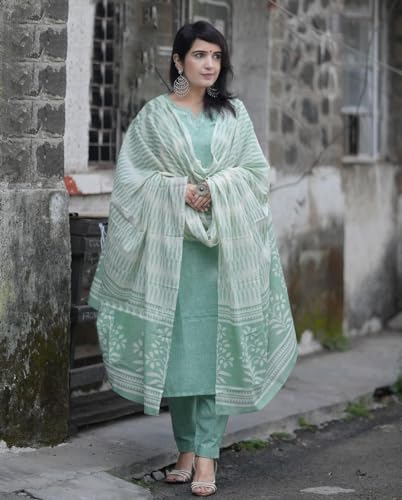 Image of ANNI DESIGNER Women's Cotton Blend Printed Straight Kurta with Pant & Dupatta