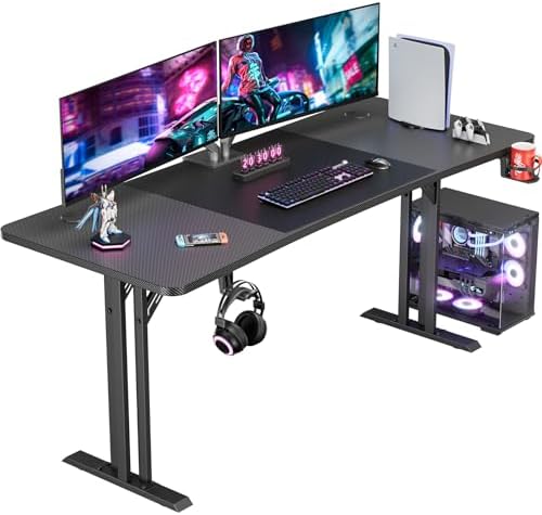 DLONGONE 160x70cm Gaming Desk – Carbon Fiber Desktop, Cup Holder, Headphone Hook, Ergonomic Office Computer Table
