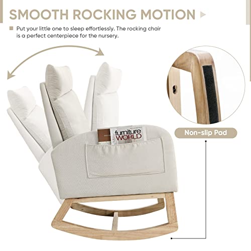 Antetek Rocking Glider Chair For Nursery, Modern Fabric Accent Rocker Upholstered Tall Back Arm W/Side Pockets, Leisure Single Sofa Living Room, Hotel, Bedroom, Office, Beige #TOP4