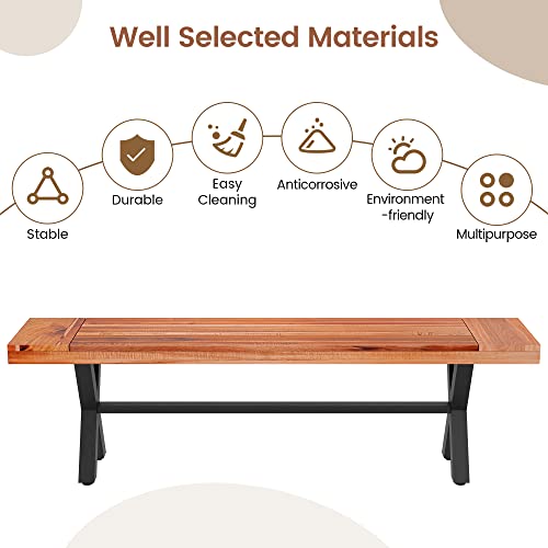 Stmhom Outdoor Bench Iron Feet, Outdoor Acacia Wood And Rustic Metal Bench, Teak Finish/Rustic Metal, Backless Wooden Garden Park Bench, Modern Slim Outdoor Dining Furniture,Teak Color #TOP3