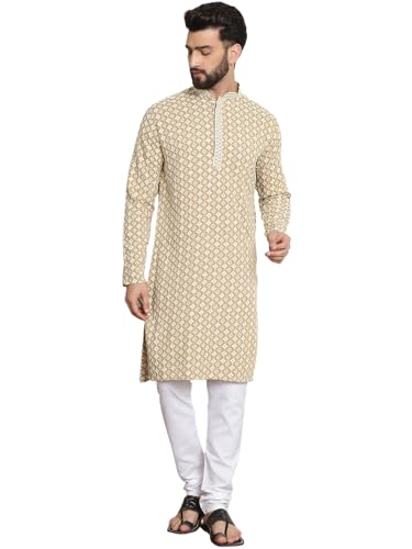Image of SOJANYA (Since 1958 Men's Cotton Gold Embroidered Sequinned Kurta With white churidar Pyjama