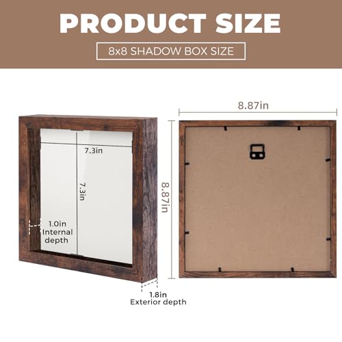 Image of Muzilife 8x8 Shadow Box Picture Frame with Linen Board - Deep Wood & Glass Display Case to Hang Memory Box Baby Sports Memorabilia, Pins, Awards, Medals, Wedding, Tickets and Photos, Rustic Brown