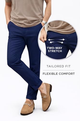 Image of DENRO Men's Slim Fit Cotton Stretch Trousers | Smart Casual & Workwear Pants for Office Use | 98% Cotton 2% Spandex Fabric | Mid-Rise Tailored Fit | Sizes 28-38