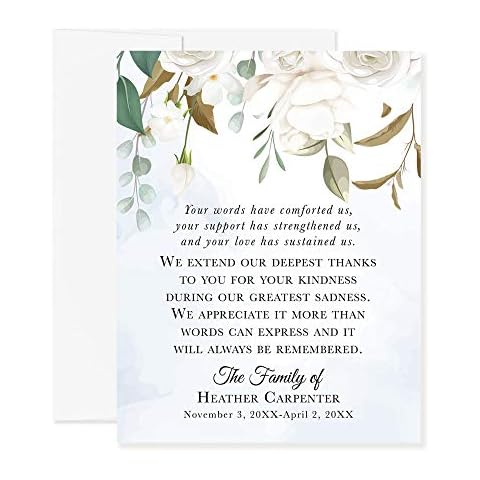 Hello Love Goods White Floral and Greenery Funeral Thank You Cards, Sympathy Acknowledgement Cards, 4.25x5.5 Flat Bereavement Notes with Envelopes Cover