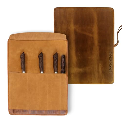 Image of ELIZO Personalized Premium Full Grain Leather Chef Knife Roll, 17L x 14W Inches Knife Storage Travel Case, Professional Custom Monogram Embossed Chef Knife Case - Holds 4 Chef Knives
