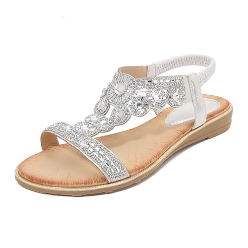 Image of NBOFIEHY Sandals for Women Low Wedge Heel Bohemian Sandals Ladies Diamante Rhinestones Slingback Sandal Flat Open Toe Shoes for Summer Vacation Beach, Silver, 6 UK