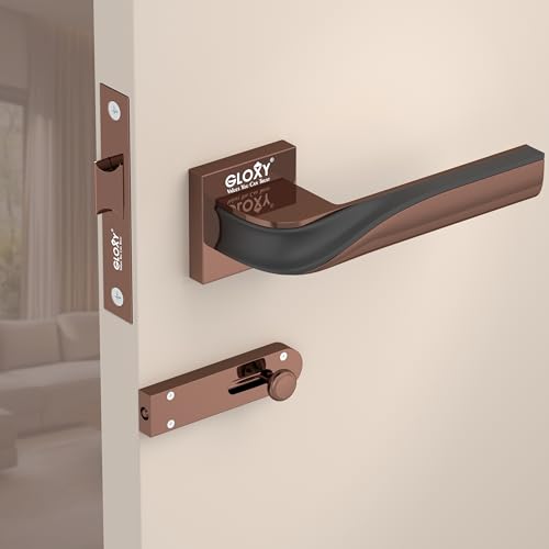 Image of GLOXY Premium Door Lock for Bathroom - Rose Gold & Black Finish Bathroom Lock with Brass Baby Latch for Home - Heavy Duty Mortise Door Lock with Keyless Plate Handle Set with 2 Years Warranty