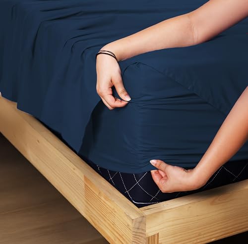 Image of LINENWALAS 100% Cotton Percale Fitted Bed Sheet with Pillow Covers | Soft, Cool & Crisp Hotel Quality Elastic Bedsheet | Queen Bed Size - 300 TC (60x78 Inches, Navy Blue)