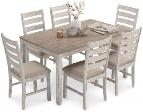 Signature Design by Ashley Skempton Cottage Dining 7 Piece Set – Rectangular Table & 6 Upholstered Chairs | Coastal Chic Meets Farmhouse, Whitewash