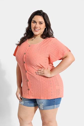 RITERA Plus Size Tops for Women Crewneck Neck with Button Up Short Sleeve Embroidery Henley Tshirt Casual Basic Shirt XL-5XL3